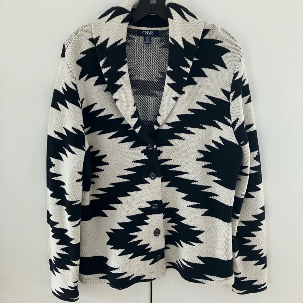 Chaps Jacket Women’s XL Black White Aztec Print Cardigan Knit Sweater Cotton. - Picture 1 of 4